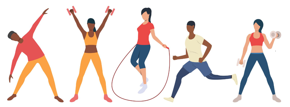 Group of 5 people engage in physical activities